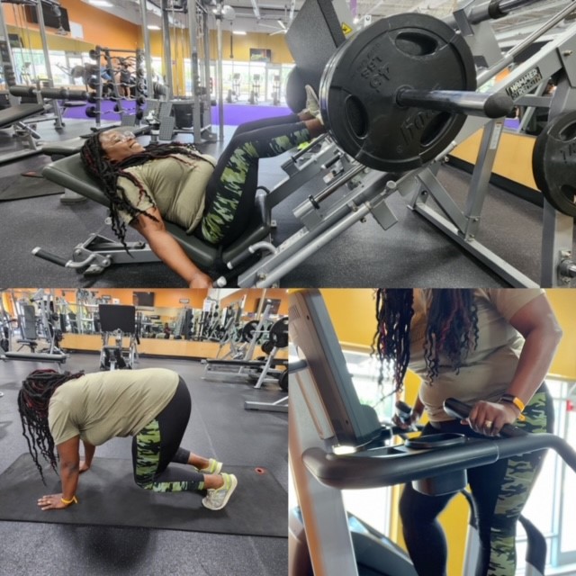 A collage of images of Talicia working out at the gym.