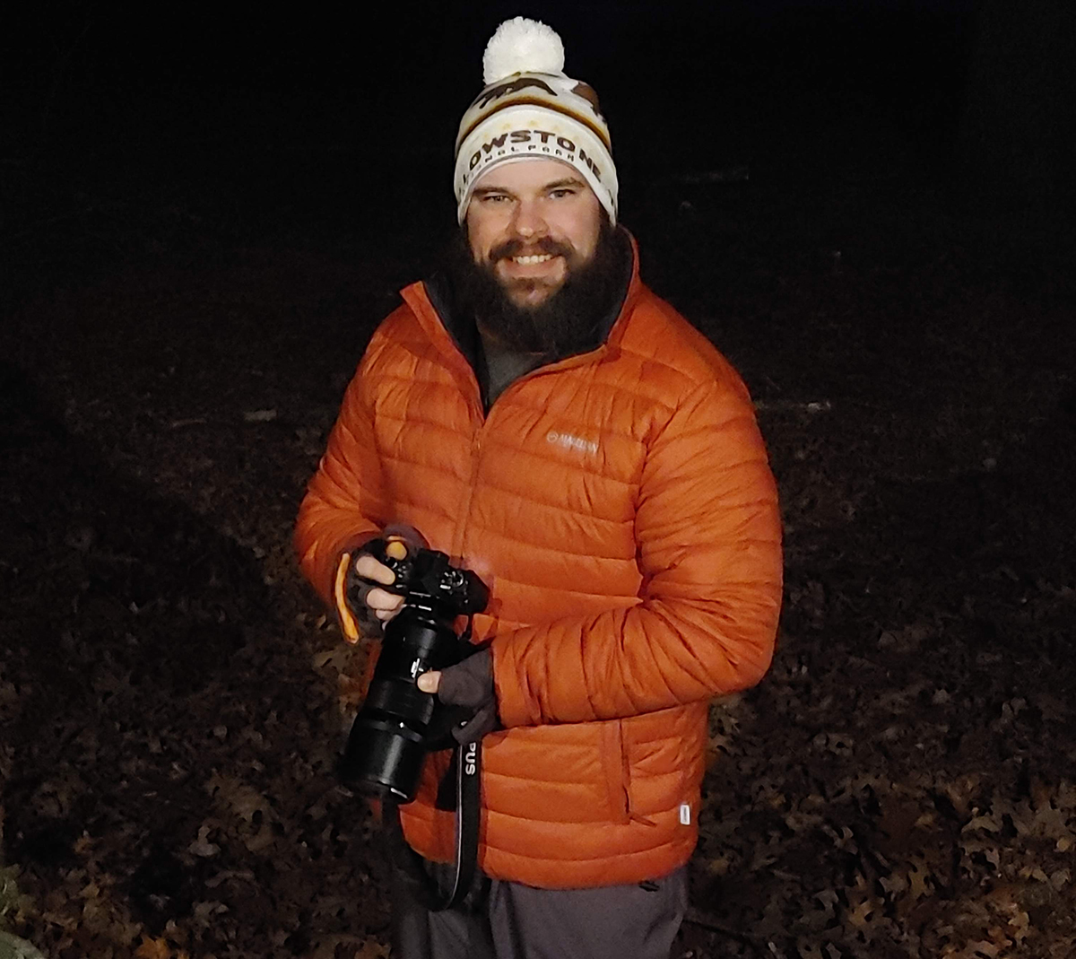 Adam testing out his winter gear and camera.